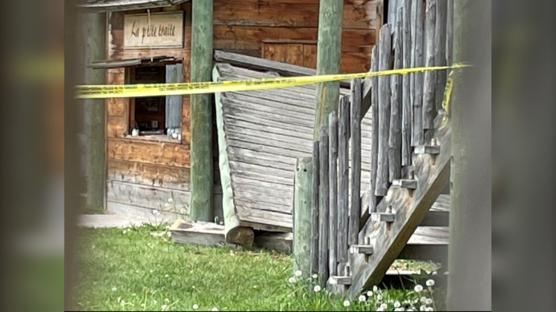 A collapsed platform is seen inside Fort Gibraltar in Winnipeg on May 31, 2023. Sixteen students and one adult were taken to hospital following a fall inside the fort. (Image source: Glenn Pismenny/CTV News Winnipeg)