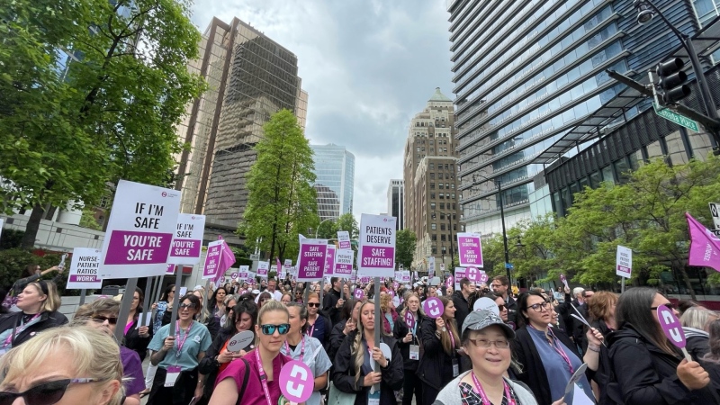 A demonstration was held in downtown Vancouver on Wednesday, May 31, 2023, as nurses demand urgent action to address the shortage of staff at hospitals across B.C. (CTV, Penny Daflos)