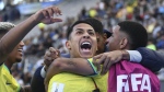 Brazil's Matheus Martins, centre, celebrates with teammates after scoring his side's third goal against Tunisia during a FIFA U-20 World Cup round of 16 soccer match at La Plata Stadium in La Plata, Argentina, Wednesday, May 31, 2023. (AP Photo/Gustavo Garello)
