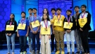 The 11 finalists for the Scripps National Spelling Bee pose for a picture after the day's competition, Wednesday, May 31, 2023, in Oxon Hill, Md. Left to right-Shradha Rachamreddy, 13, from San Jose, Calif., Aryan Khedkar, 12, from Rochester, Hills Mich., Arth Dalsania, 14, from Camarillo, Calif., Pranav Anandh, 14, from Glen Mills, Pa., Sarah Fernandes, 11, from Omaha, Neb., Charlotte Walsh, 14, from Arlington, Va., Dev Shah, 14, from Largo, Fla., Surya Kapu, 14, from South Jordan, Utah, Dhruv Subramanian, 12, from San Ramon, Calif., Vikrant Chintanaboina, 14, from San Jose, Calif., and Tarini Nandakumar, 12, from Round Rock, Texas. (AP Photo/Nick Wass)