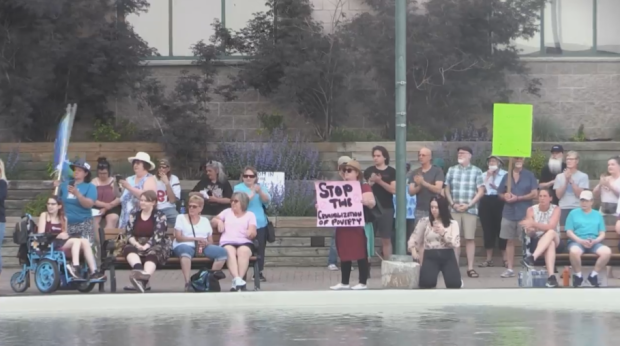 Hundreds gather outside Barrie City Hall protesting the city's recently passed plan to address the homelessness crisis on Wed. May 31, 2023 (Catalina Gillies/CTV News Barrie) 