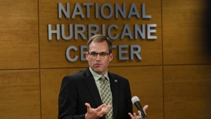 Mike Brennan, Director of the National Hurricane Center, speaks during a news conference, Wednesday, May 31, 2023, in Miami. Brennan and FEMA Director Deanne Criswell discussed preparedness for hurricane season, which begins June 1. (AP Photo/Marta Lavandier)
