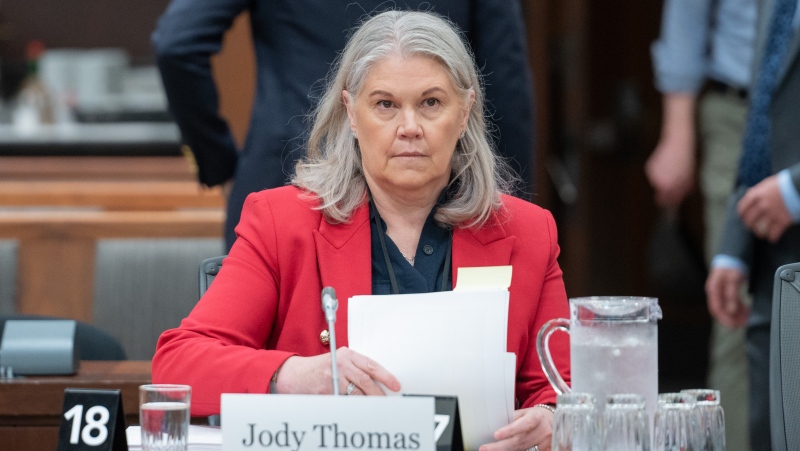 Jody Thomas, National Security and Intelligence Advisor waits to appear as a witness before the Standing Committee on Procedure and House Affairs (PROC) investigating intimidation campaigns against the Member for Wellington - Halton Hills and other Members on Parliament Hill in Ottawa, on Thursday, June 1, 2023. THE CANADIAN PRESS/Spencer Colby