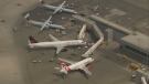 Air Canada planes grounded at Toronto Pearson International Airport on June 1, as the airline's communicator system suffers a temporary technical issue. (CTV News Chopper)