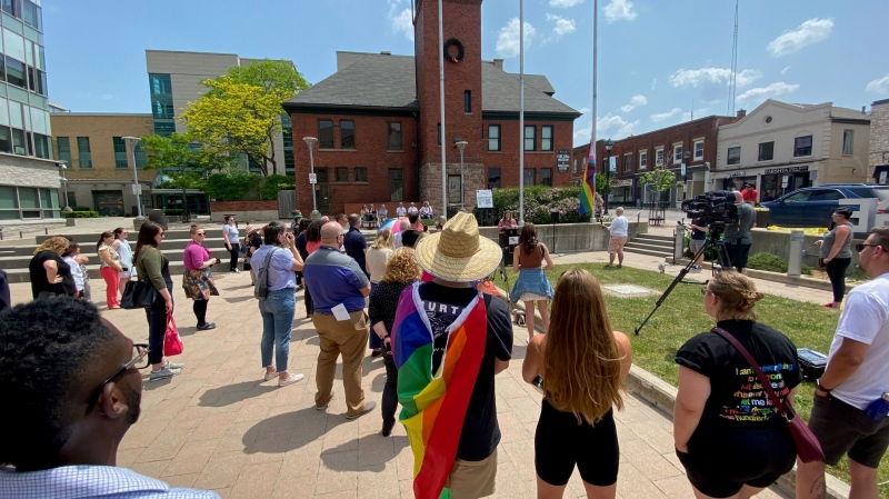  A small crowd gathers to watch as the Progress Pride flag is raised at Cambridge City Hall on June 1, 2023. (Terry Kelly/CTV Kitchener)