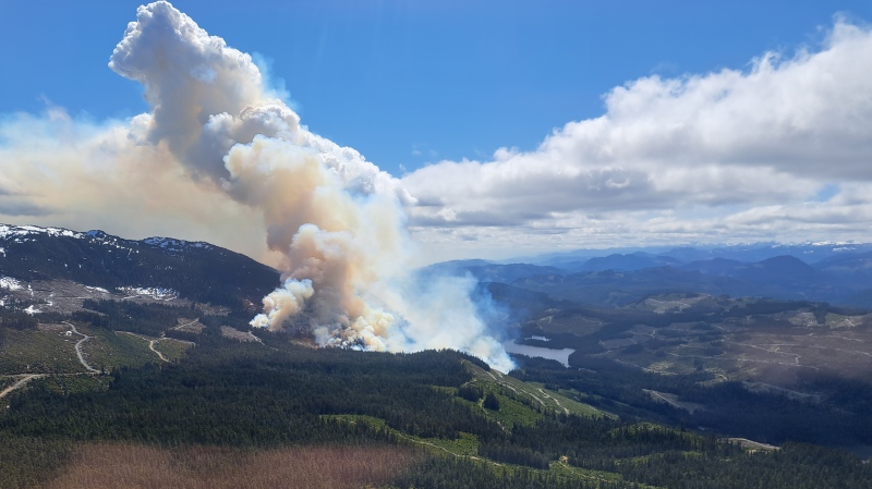 The B.C. Wildfire Service says the Newcastle Creek fire, which was first reported to officials Monday afternoon, remains approximately five kilometres from the village of Sayward and its roughly 300 residents. (B.C. Wildfire Service)