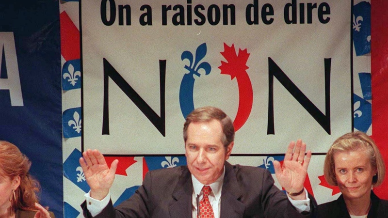 SAYING NO--Daniel Johnson Quebec Liberal Leader and leader of the No campaign in the Quebec referendum delivers his victory speech after the No side won by a slim margin in Montreal, Monday.(CP {PHOTO)1995