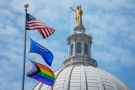 The Pride Flag flies at the Wisconsin State Capitol, Thursday, June 1, 2023, in Madison, Wis. (AP Photo/Morry Gash)