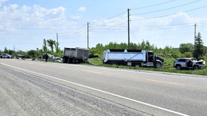 A multi-vehicle collision involving a dump truck on Highway 12 south of Beaverton, Ont., on Thurs., June 1, 2023. (OPP)