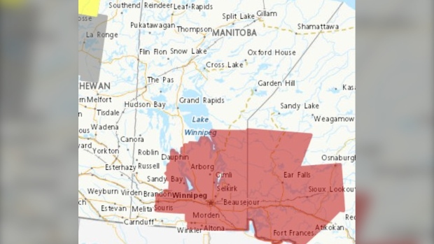 The map shows the regions in Manitoba marked in red that were placed under a heat warning on June 1, 2023. (Source: Environment and Climate Change Canada)