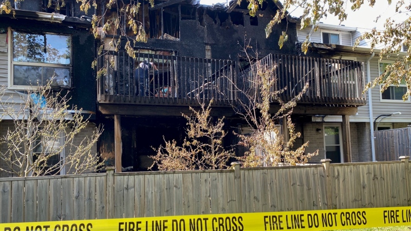 Six townhouse units were damaged in a fire on Green Valley Drive in Kitchener, Ont. on May 31, 2023. (Terry Kelly/CTV Kitchener)