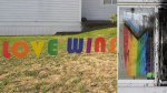 A composite photo shows a 'love wins' display at Ladner United Church (left) that was installed after vandalism appearing to target the Pride flag (right) 