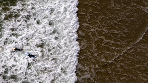 In this photo taken with a drone, two surfers wade through water in Huntington Beach, Calif., Monday, April 17, 2023. (AP Photo/Jae C. Hong)