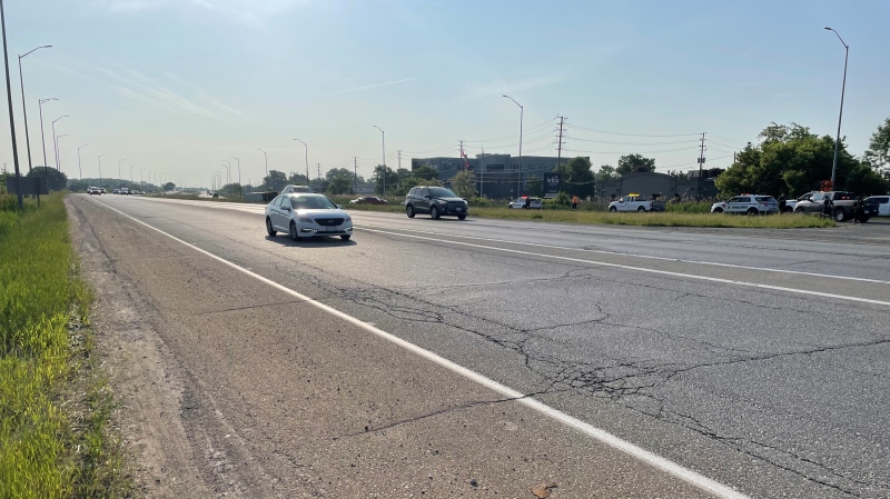 A portion of Howard Avenue will be down to one lane due to a flipped transport truck in Windsor, Ont. on Friday, June 2, 2023. (John Lewis/CTV News Windsor)