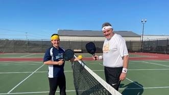 Essex Mayor Sherry Bondy on the court with chair of the Essex County Library board Joe Bachetti in Essex, Ont. (Source: Town of Essex)
