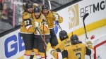 Vegas Golden Knights centre Chandler Stephenson (20) and teammates celebrate their win over the Dallas Stars during overtime of Game 2 of the NHL's Western Conference finals, Sunday, May 21, 2023, in Las Vegas. (AP Photo/Sam Morris)