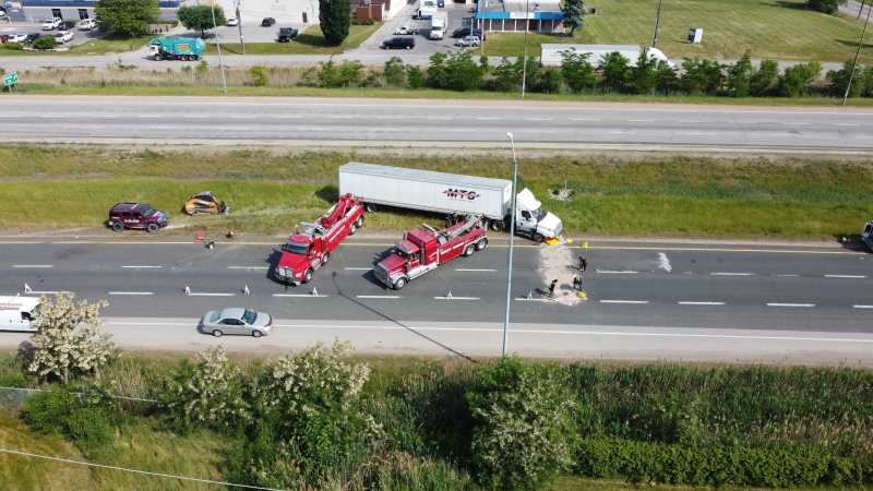 A portion of the E.C. Row Express way near Howard Avenue will be down to one lane due to a flipped transport truck in Windsor, Ont. on Friday, June 2, 2023. (Bob Bellacicco/CTV News Windsor)