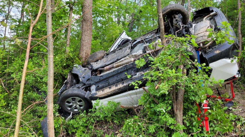 Emergency crews responded to a single-vehicle crash at Muncey Road and Jubilee Road on June 2, 2023. (Source: Strathroy-Caradoc Fire Department)