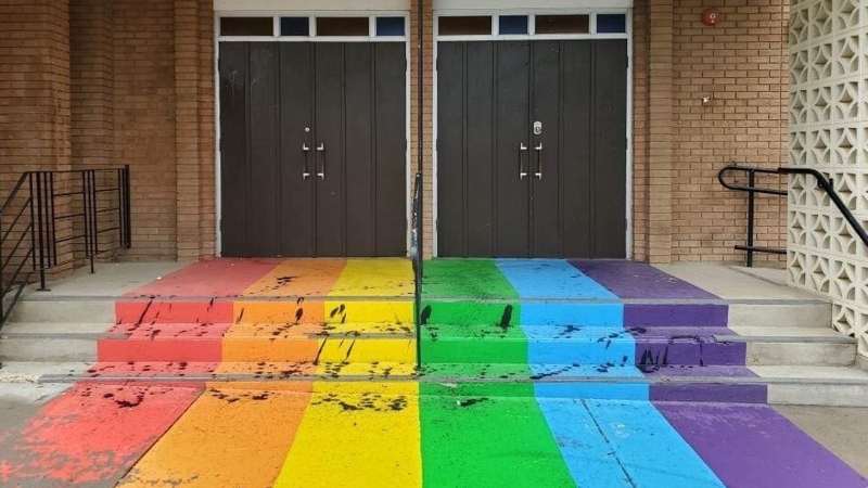 The rainbow sidewalk in front of the United Church in Ponoka was vandalized on June 1, 2023. (CTV News Edmonton)