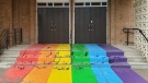 The rainbow sidewalk in front of the United Church in Ponoka was vandalized on June 1, 2023. (Credit: RCMP)