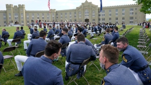 Virginia Military Institute class of 2021 watch during a change of command parade and ceremony on the parade grounds at the school in Lexington, Va., in this Friday, May 14, 2021, file photo.
