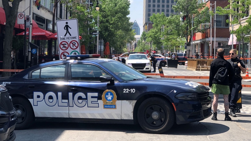 A part of Montreal's Saint-Catherine Street was closed off on June 3, 2023 after a man was discovered shot dead inside his apartment. (CTV News/Scott Prouse) 
