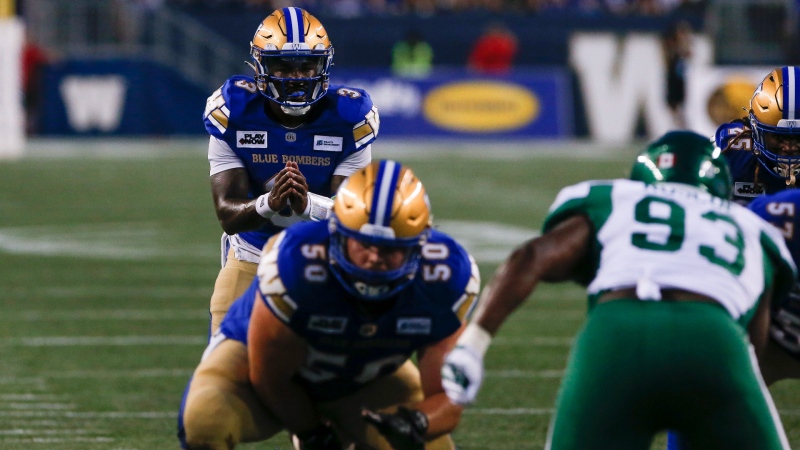 Winnipeg Blue Bombers quarterback Tyrrell Pigrome (3) waits for the ball against the Saskatchewan Roughriders during second half CFL action in Winnipeg Friday, June 2, 2023. THE CANADIAN PRESS/John Woods