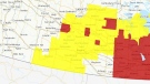 Thunderstorm watches and warnings in Saskatchewan as of 1:45 p.m. on June 3, 2023. (Source Environment Canada)