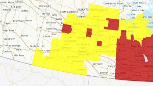 Thunderstorm watches and warnings in Saskatchewan as of 4 p.m. on June 3, 2023. (Source Environment Canada)