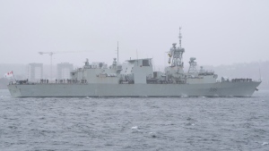 HMCS Montreal is seen in Halifax Harbour while departing for the Indo-Pacific region on Operation Projection in Halifax on Sunday, March 26, 2023. THE CANADIAN PRESS/Darren Calabrese