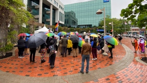 Despite the wet and cold conditions, supporters of all ages gathered outside of Moncton’s city hall on June 3, 2023, for a two-hour rally hosted by River of Pride. (Alana Pickrell/CTV Atlantic)