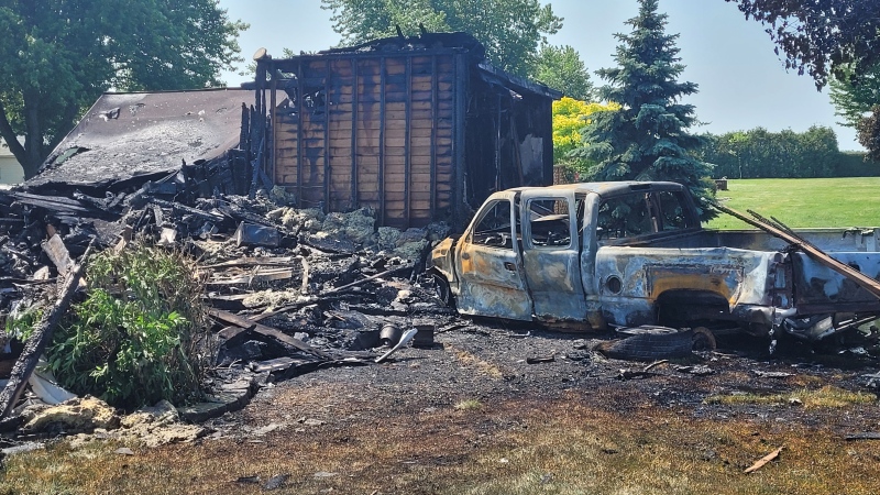 A vehicle veered off County Road 18 near Concession Road 9, and collided with a hydro pole and a gas meter before crashing into a house in Amherstburg, Ont. on June 3, 2023. (Sanjay Maru/CTV News Windsor) 