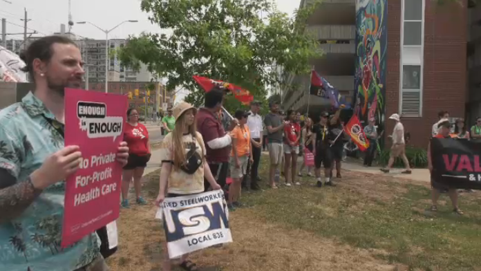 A demonstration outside Grand River Hospital on June 3 for a day of action. (CTV News)