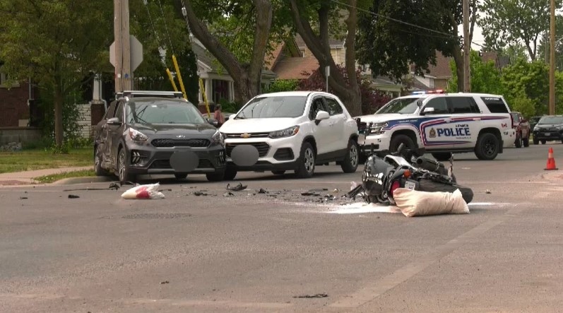 A three-vehicle crash at the intersection of Tecumseh Avenue East and Cathcart Street in London, Ont. sent one person to hospital on June 3, 2023. (Gerry Dewan/CTV News London) 