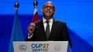 UN climate chief Simon Stiell speaks during a closing plenary session at the COP27 UN Climate Summit on Nov. 20, 2022, in Sharm el-Sheikh, Egypt. (AP Photo/Peter Dejong, File)
