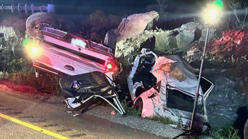 Supplied image of the two-vehicle crash on Hwy. 400 in Georgian Bay Township on Sat., June 3, 2023 (OPP)
