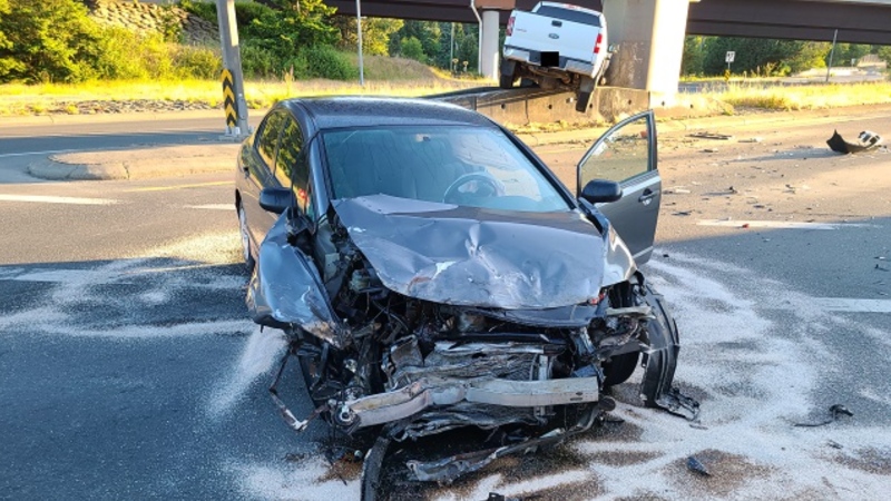 Police say a Ford F-150 pickup truck ran a red light on Island Highway before heading onto the onramp of the Trans-Canada Highway. The pickup struck a Honda Civic that was making a left turn from Island Highway, heading towards Colwood. (RCMP)