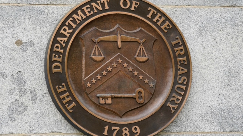 The Department of the Treasury's seal outside the Treasury Department building in Washington on May 4, 2021.  (AP Photo/Patrick Semansky, File)