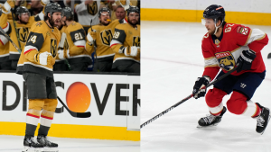 Left: Vegas Golden Knights defenseman Nicolas Hague (14) celebrates after scoring against the Edmonton Oilers during the second period of Game 5 of an NHL hockey Stanley Cup second-round playoff series May 12, 2023, in Las Vegas. (AP Photo/John Locher) 
Right: Florida Panthers defenseman Brandon Montour (62) during the first period of Game 4 of the NHL hockey Stanley Cup Eastern Conference finals against the Carolina Hurricanes May 24, 2023, in Sunrise, Fla. (AP Photo/Lynne Sladky)