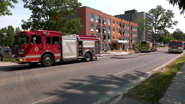 London fire crews worked on a blaze at 122 Base Line Rd. W. in London, Ont. on June 4, 2023 (Gerry Dewan/CTV News London)