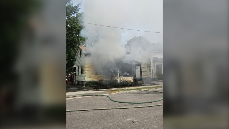 A house in Simcoe, Ont. is heavily damaged after a fire on Monday. (OPP)