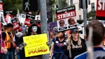 Aaron Lee a comedy writer for the the Family Guy and Super Store joins picketers during a Writers Guild rally outside Warner Bros. Studios, Wednesday, May 24, 2023, in Burbank, Calif. (AP Photo/Richard Vogel)Aa