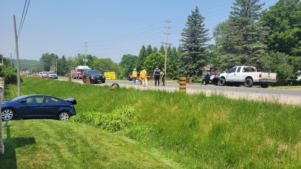 Provincial police at the scene of a multi-vehicle collision on Simcoe Road 93 in Midland, Ont., on Tues., June 6, 2023. (Source: OPP/Twitter) 