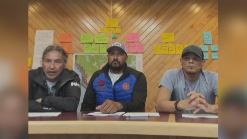 From left to right, Athabasca Chipewyan First Nation chief Allan Adam, Fort Chip Métis Nation president Kendrick Cardinal, and Mikisew Cree First Nation chief Billy-Joe Tuccaro provide a wildfire update via Facebook on June 5, 2023. 