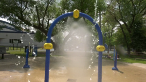 A spray park is seen in June 2023. Environment and Climate Change Canada is predicting a warm summer for Winnipeg in 2023. (Source: Danny Halmarson/CTV News Winnipeg)
