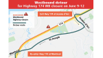 Westbound lanes of Highway 174 will be closed between Jeanne d'Arc Boulevard and Montreal Road from 7 p.m. June 9 to 5:30 a.m. June 12. (City of Ottawa)