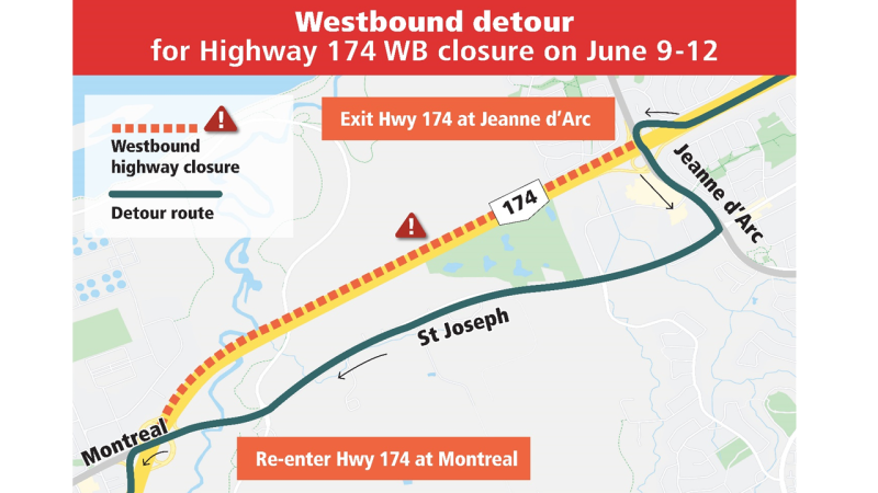Westbound lanes of Highway 174 will be closed between Jeanne d'Arc Boulevard and Montreal Road from 7 p.m. June 9 to 5:30 a.m. June 12. (City of Ottawa)