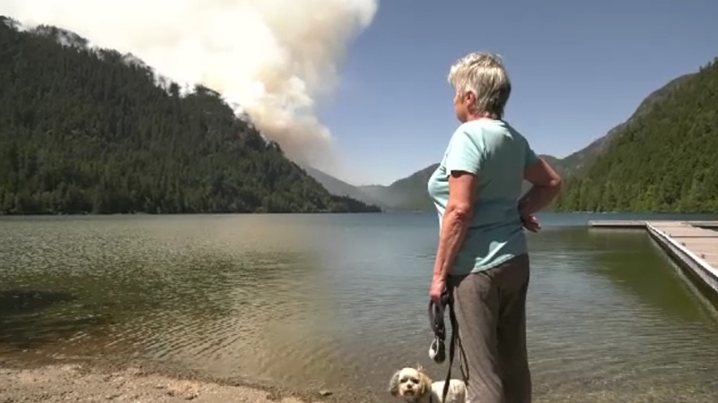 A visitor to Cameron Lake watches as fire crews attack the wildfire east of Port Alberni, B.C., on June 6, 2023. (CTV News)