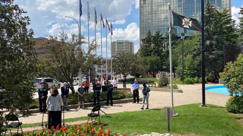 A flag raising ceremony was held today at Regina City Hall to honour the Royal Regina Rifles, the Regiment landed at Juno Beach on D-Day. (Gareth Dillistone/CTV News)
