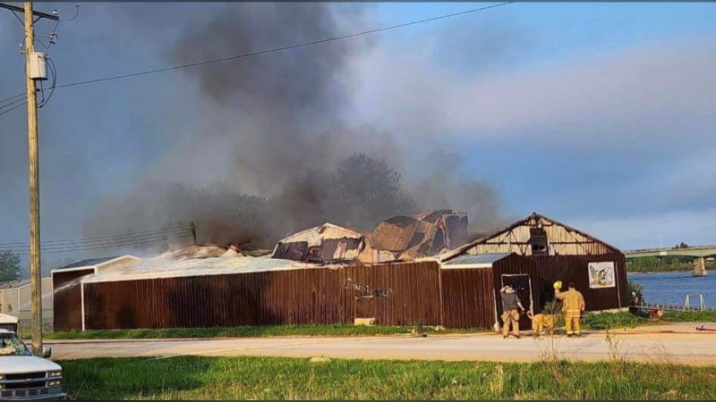 A fire happening at the Grand Rapids Fihserman Co-op on Sunday, June 4, 2023. (Source: Bobby Ballantyne)